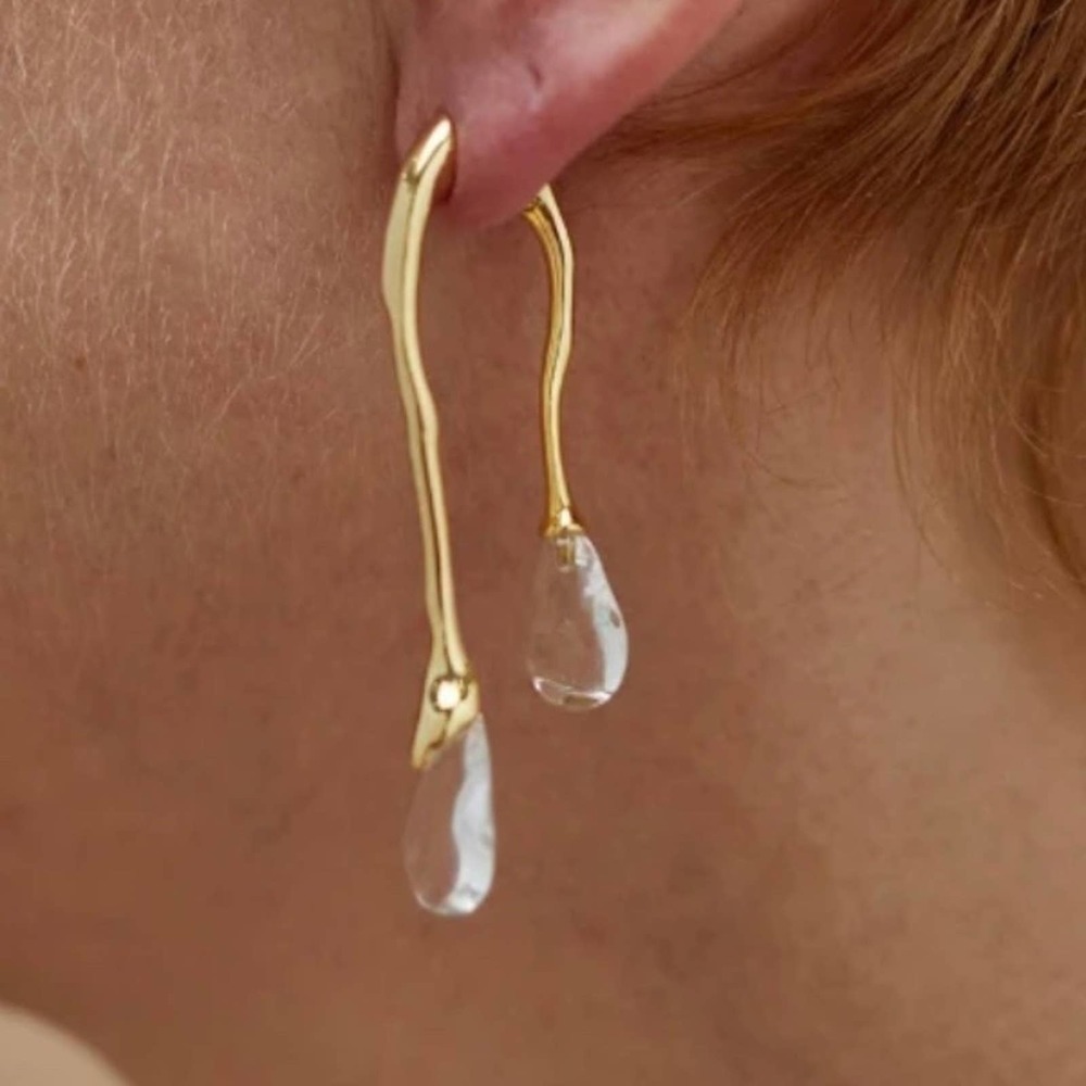 UNIQUE Earrings Front Back Double Drip Drop Lucite Gold JN11